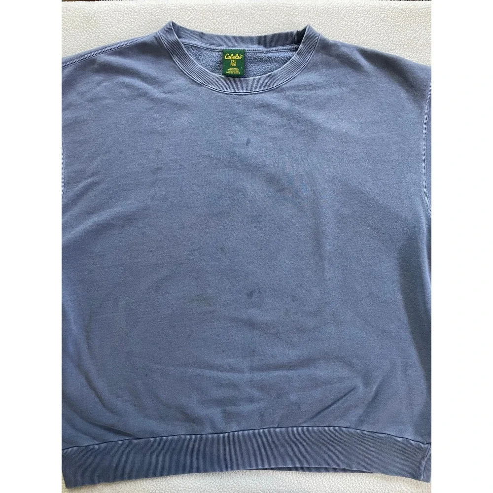 Cabela's Mens 2XL Short Sleeve Sweatshirt Blue French Terry Cotton Stains Grunge